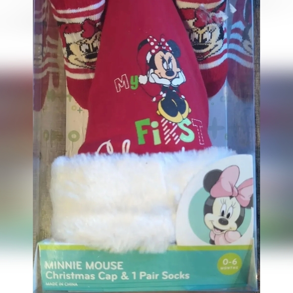 DISNEY Minnie Mouse My First Christmas Cap and Socks NIB Baby Girl Disney 0-6 Mo - Picture 4 of 8